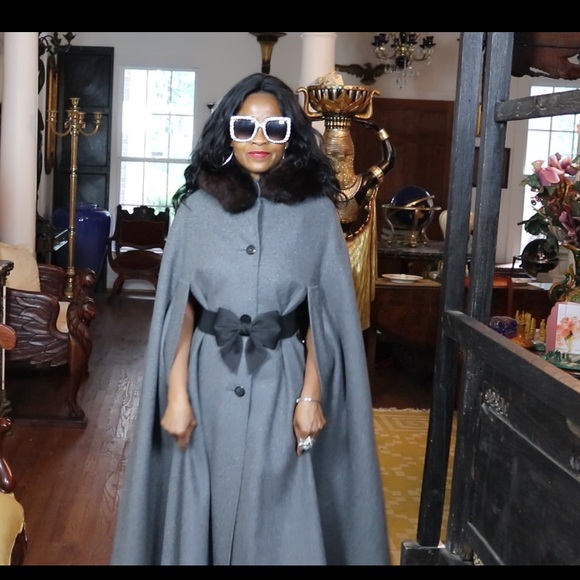 Rare Designer FL Fur trim hood Gray cape Coat S-M - Picture 5 of 8